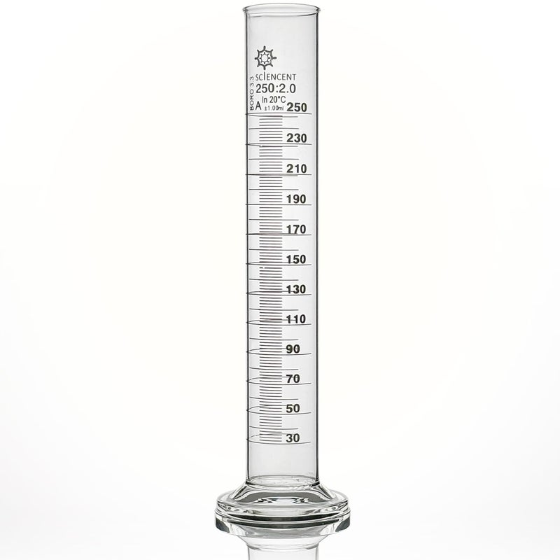 SCIENCENT WITH DEVICE Premium Lab Glass Graduated Cylinder 250 ml Class A ±1ml Borosilicate 250ml Measuring Cylinder - Image 2
